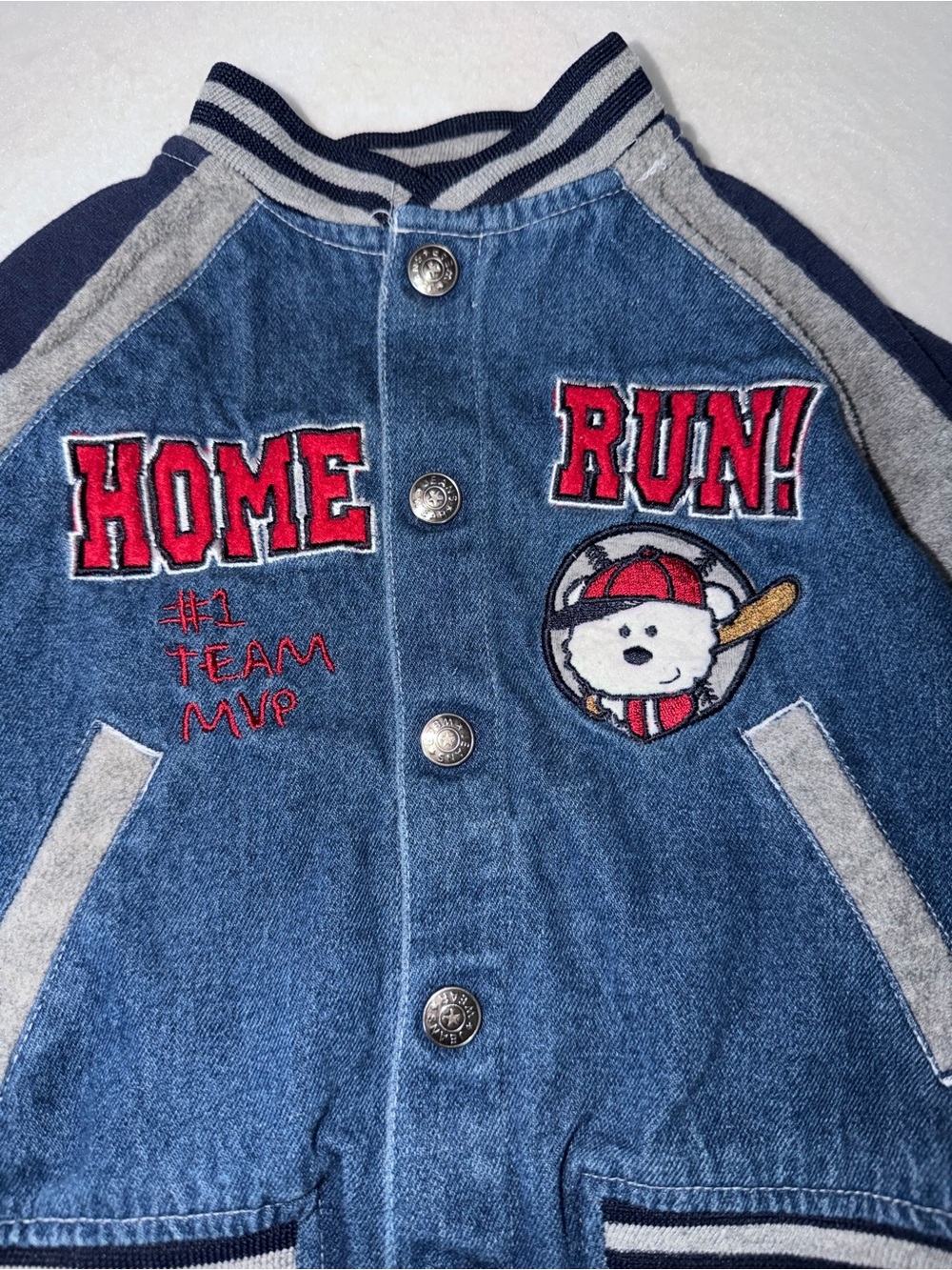 Vintage y2K Kids 'Home Run' Denim Baseball Jacket - Blue/Gray